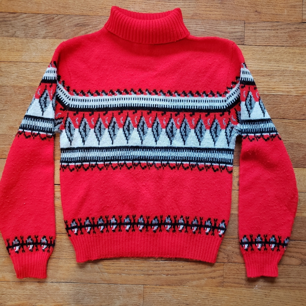 Vintage red black gray turtleneck sweater fall winter warm classic fit Small S